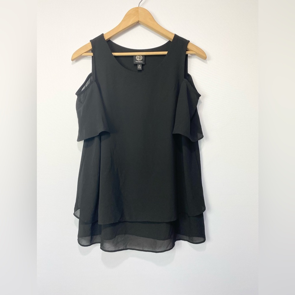 Bobeau-Black Sheer Open shoulder scoop Neck Top S